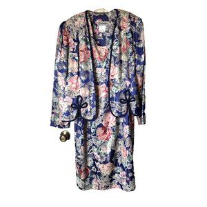 Vintage Nu-Mode Blue Jacket/Midi Dress Pink Roses Tapestry Braid Accents 15/16*